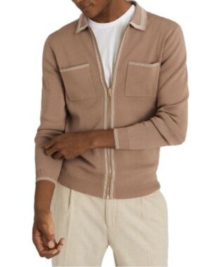 Reiss Men's Zip-Up Sweater Jacket in Taupe with Cream Trim